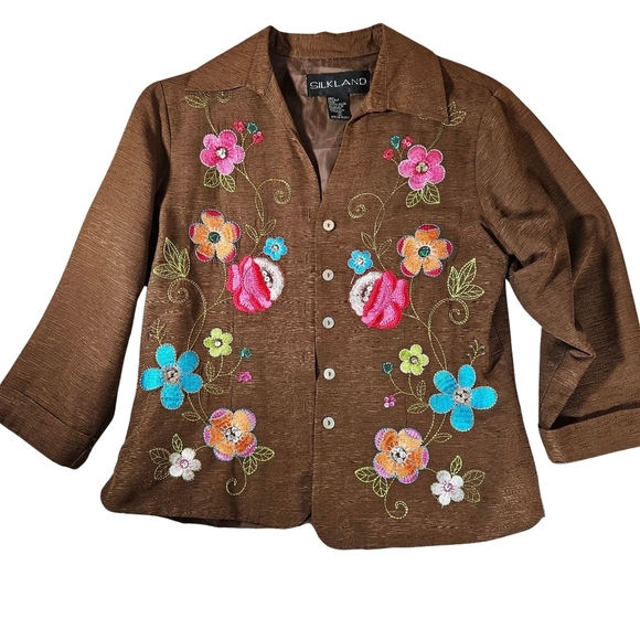 Silkland Embroidered Silk Blazer,  Size Small,  Brown with Floral Design - Picture 4 of 9